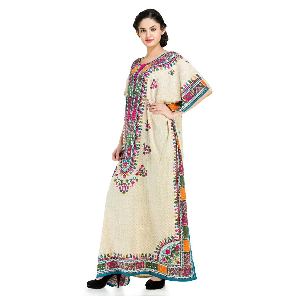 Tribal Print Beige Polyester Kaftan Dress Kimono Sleeve for Women By Gypsie Blu - Picture 4 of 7